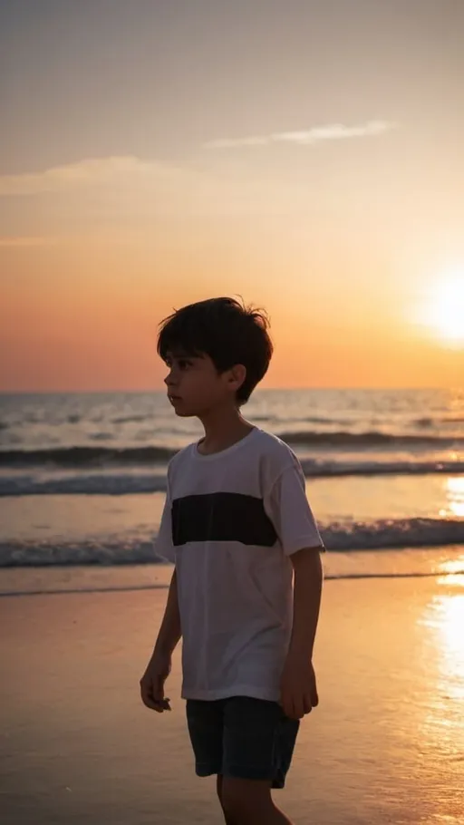 Prompt: young boy in the beach.he is breakup.sky is sunste