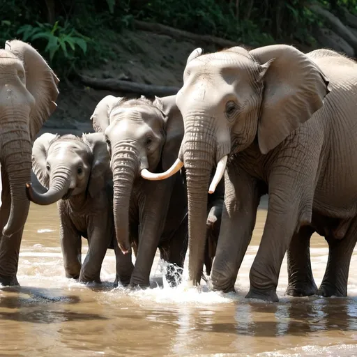 Prompt: elephant family playing river 