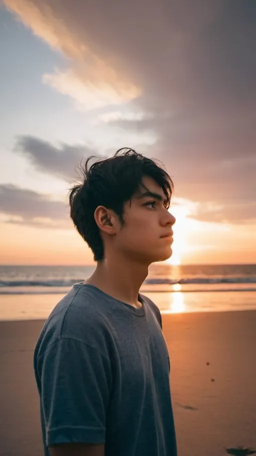 Prompt: 25 years old boy in the beach.he is breakup.sky is sunset.he is opposite the camera