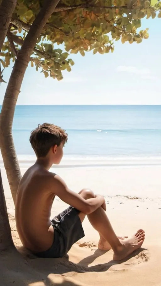 Prompt: a boy will sit in a corner of the beach and wait until his girlfriend come