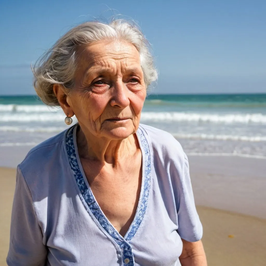 Prompt: a old women in the beach