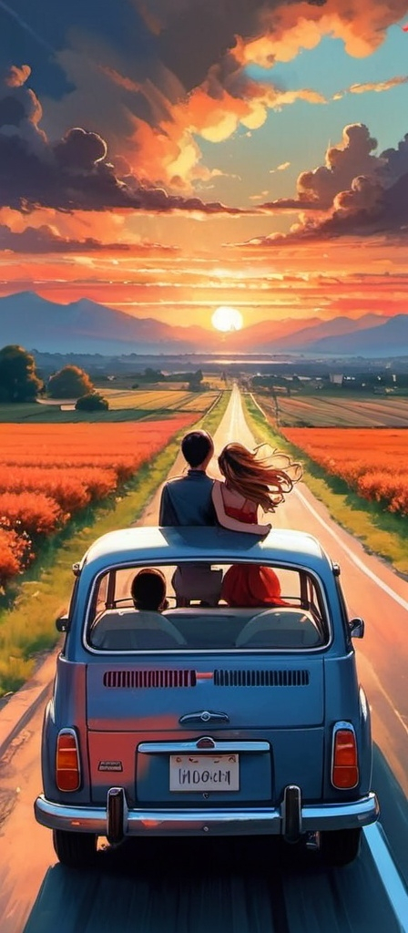 Prompt: Generate an image that looks like digital art. Generate an image in which a couple is enjoying the best drive of their life in the beautiful country side! There should be fields, greenery,flowers,and beautiful landscape in the background and in the middle should be the only car on the calm road. The women seems to enjoy the windy weather while letting her soul be free in the air. Her hair should be flaunting in the air as she peeks outside from the car window! The husband on the other hand is also shown enjoying his view that is his wife! Show sunset view and the car view from the front  side of the car !Show husband as well! Husband is driving the var and car is in the middle of the road! No need to close-up and focus only on the car with husband and wife! Make it just a part of scenery.show front view of husband and wife 😭