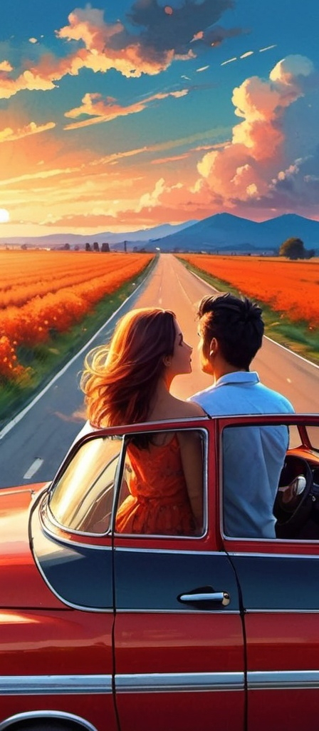 Prompt: Generate an image that looks like digital art. Generate an image in which a couple is enjoying the best drive of their life in the beautiful country side! There should be fields, greenery,flowers,and beautiful landscape in the background and in the middle should be the only car on the calm road. The women seems to enjoy the windy weather while letting her soul be free in the air. Her hair should be flaunting in the air as she peeks outside from the car window! The husband on the other hand is also shown enjoying his view that is his wife! Show sunset view and the car view from the front  side of the car !Show husband as well