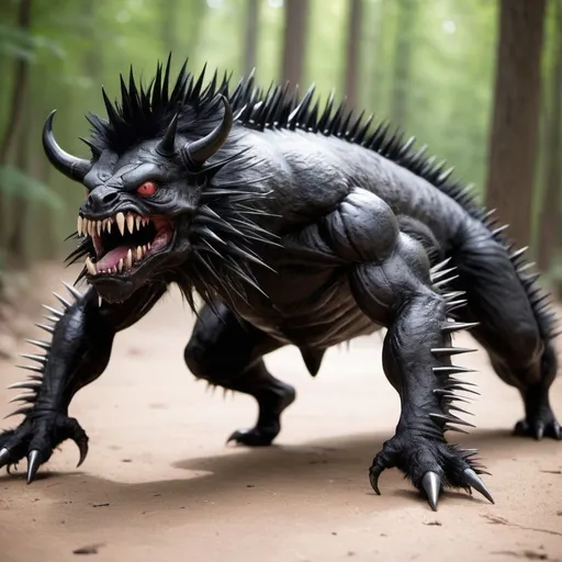 Prompt: monster with 7 foot long tubular body shiny black spikes fur crawls on its belly
