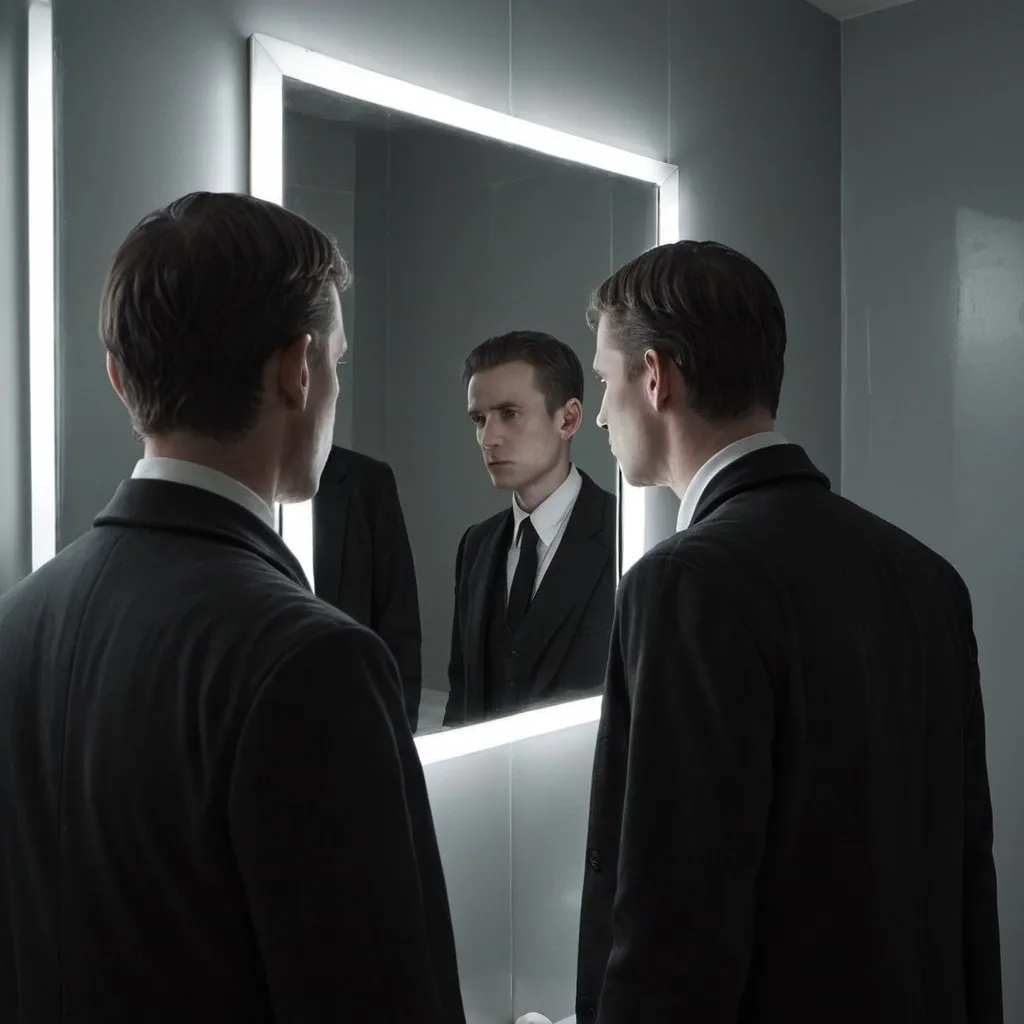 Prompt: 2 men in a mirror reflection, but let there be only one man in front of the mirror, so that the back of the mirror looks a little dark and pessimistic, but tells the reality.