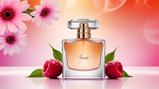 Prompt: A luxurious and stylish perfume with a cool, fruity and pleasant scent for very beautiful and tasteful women, which uses beautiful abstract fruits and flowers in the background of the image.