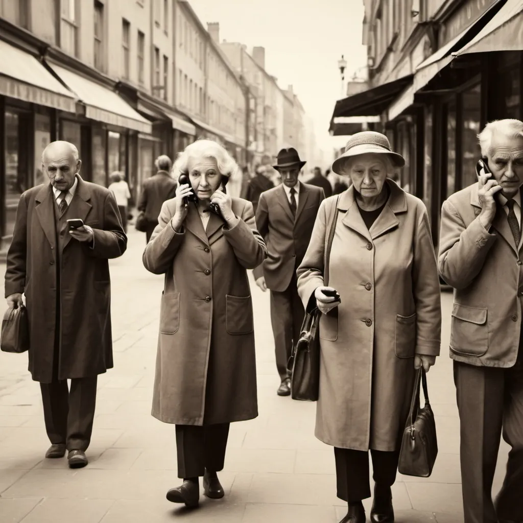 Prompt: Old looking picture of People walking past with faces on the phones, without noticing the nature and old woman.