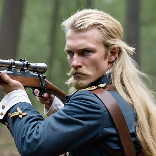 Prompt: a long haired blond civil war soldier aims rifle