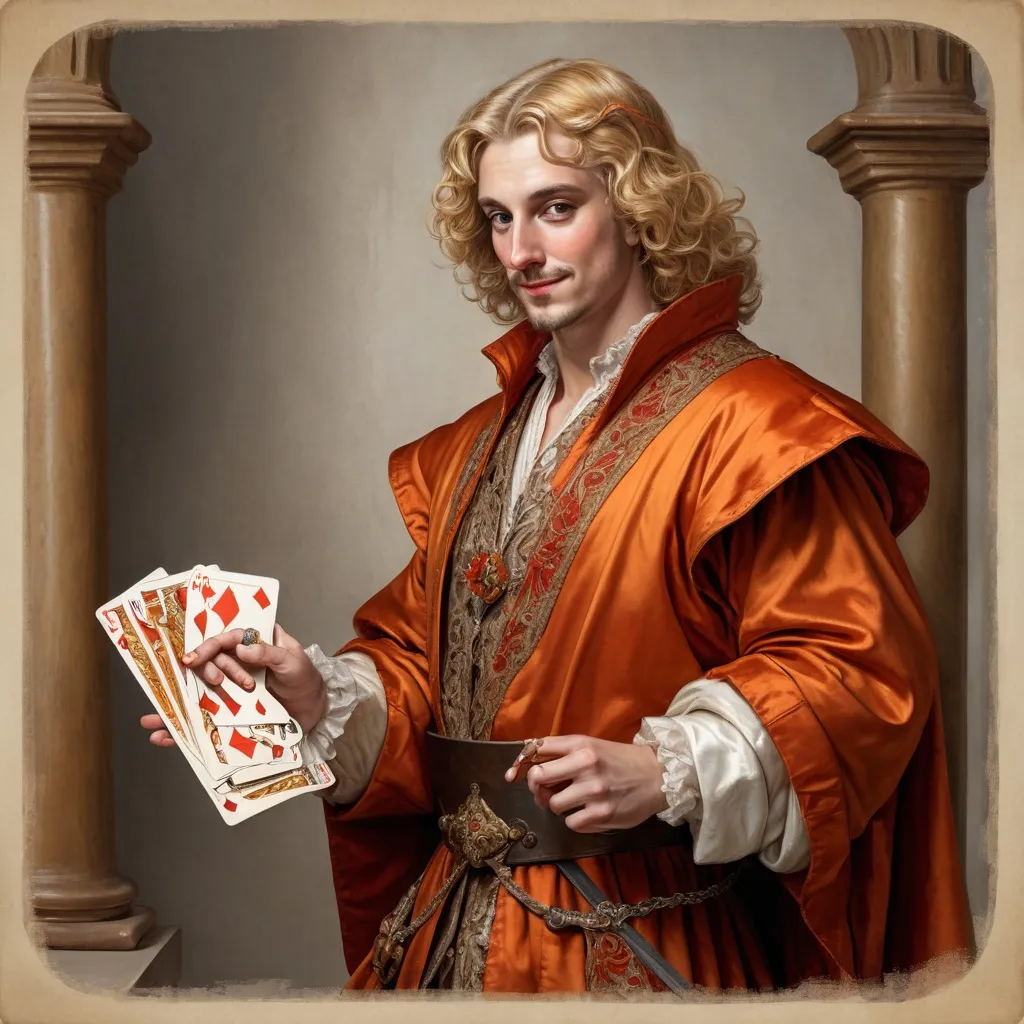 Prompt: 5'6" 135 lbs. Straw-colored hair, a silver coronet, sharp nose, small, laughing mouth. Wears orange, red, and brown Italian Renaissance clothes.  A rapier on his right hip.  A deck of cards in his hand. detailed ornate cloth robe, dramatic lighting