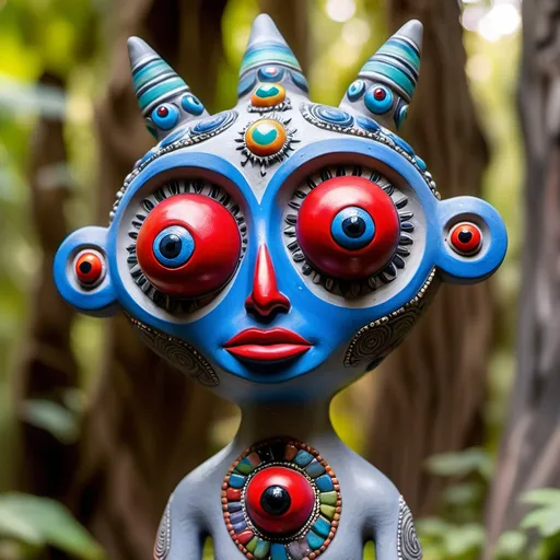 Prompt: In Alebrije style, An eye level, full face, wide-shot of a small lifelike bluish gray ceramic statute with colorful stones embedded, three eyes of blue, holds in its hands a small red bead.  Behind it is a blurry forest.