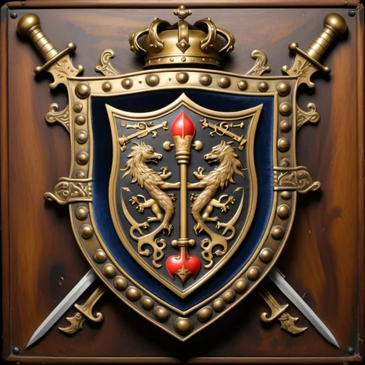 Prompt: A medieval coat of arms witha badge the shape of a shield in brass, It has swords and aces and firey  Ornate writing in an obscure language.  Badge is in a wood box with velvet lining