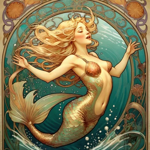 Prompt: Alphonse Mucha Style, art nouveau illustration of a blond mermaid leaping from the water, back arched in joy. Her hair flipping backwards dripping wet intricate details, beautiful colors