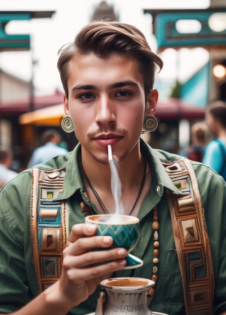 Prompt: Medium shot,A young man in a green linen shirt wears Aztec designed jewelry, at a table in an outdoor cafe, drinking coffee and smoking a hookah pipe.  The background is an Aztec styles architecture urban city.  Horses pull carts.  Pedestrians walk around.  High Detail.  4k