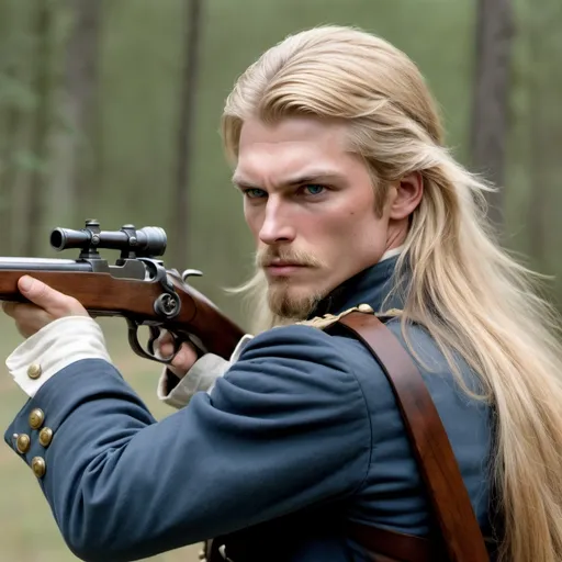 Prompt: a long haired blond civil war soldier aims rifle