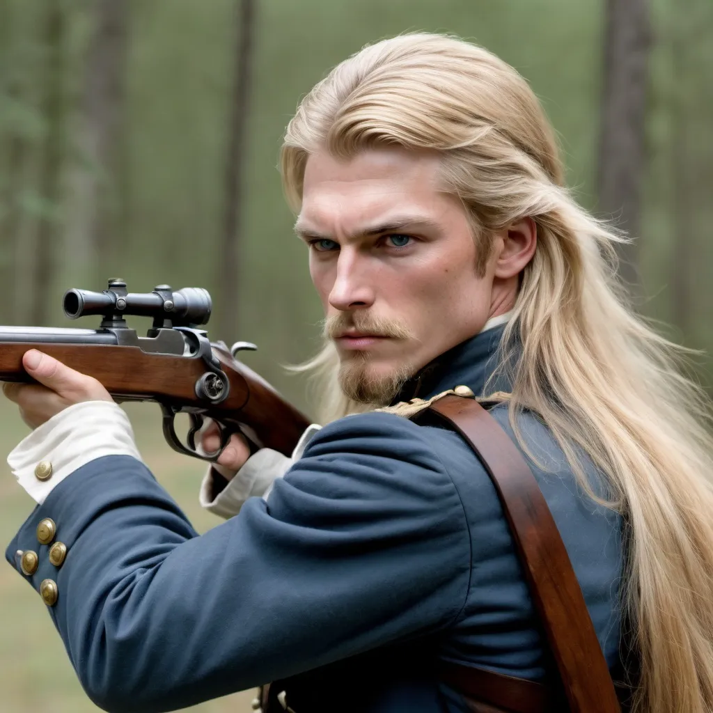 Prompt: a long haired blond civil war soldier aims rifle