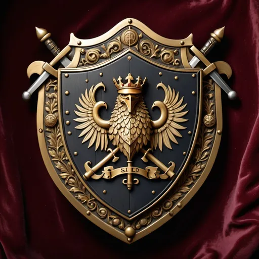 Prompt: A medieval coat of arms witha badge the shape of a shield in brass, It has swords and aces and firey  Ornate writing in an obscure language.  Badge is in a wood box with velvet lining