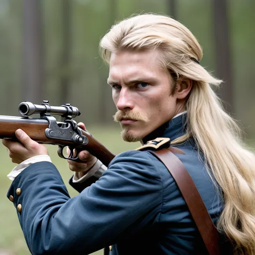 Prompt: a long haired blond civil war soldier aims rifle