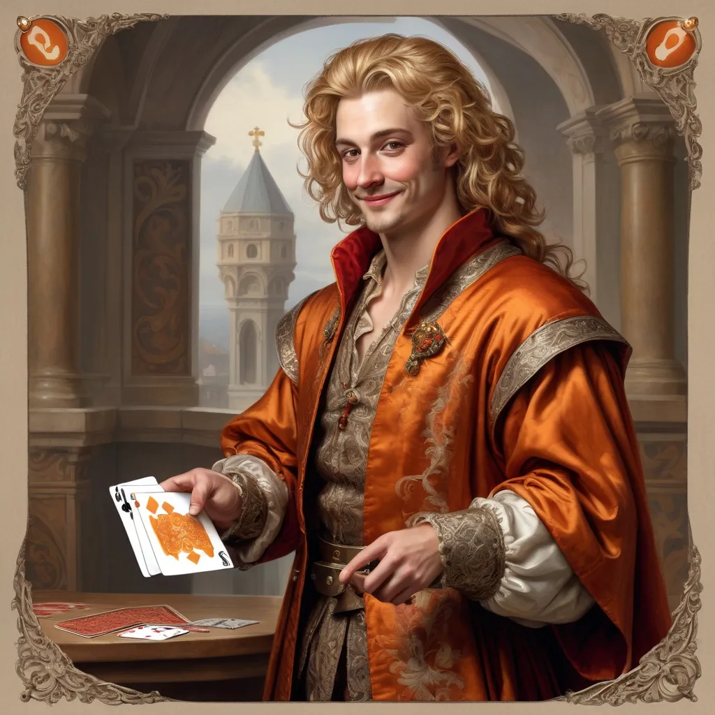 Prompt: 5'6" 135 lbs. Straw-colored hair, a silver coronet, sharp nose, small, laughing mouth. Wears orange, red, and brown Italian Renaissance clothes.  A rapier on his right hip.  A deck of cards in his hand. detailed ornate cloth robe, dramatic lighting