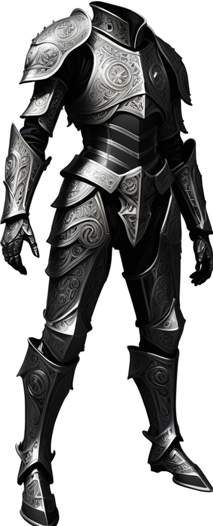 Prompt: A wide shot of a suit of full armor, head to feet,  black and silver, gleams ominously under the light.   The black portions seem to absorb the light, giving the suit a shadowy, ethereal quality, while the silver accents glint like cold steel, sharp and unforgiving. Intricate etchings run along the surface—sigils or runes  

The helmet,  is forged in a wicked, angular shape, with narrow eye slits. The mouth guard curves into a grimace, a snarling face, as if the armor itself is alive and watching, waiting. 

Though it exudes power and an aura of dread, there is also a certain elegance to it, a balance of dark beauty and fearsome strength.  

The background it an interior castle wall


   gothic, ultra detail.  4k