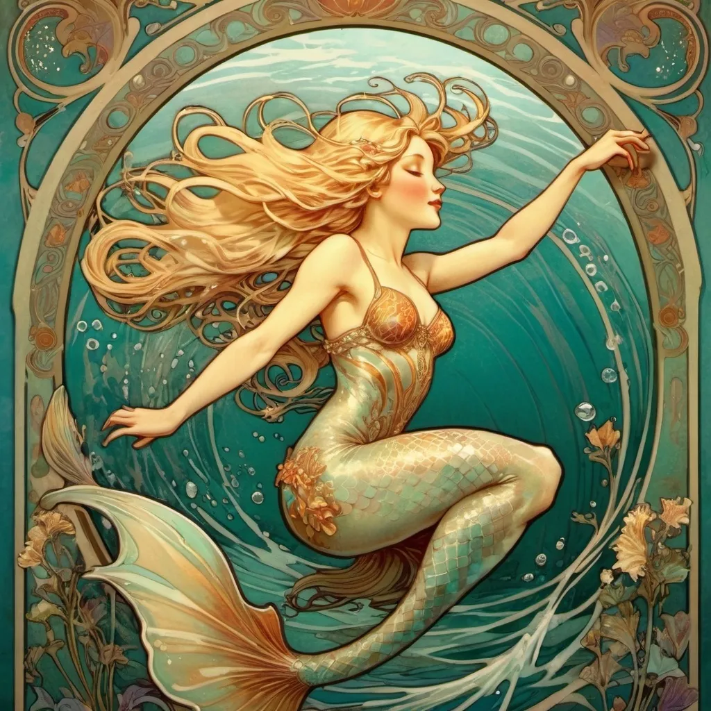 Prompt: Alphonse Mucha Style, art nouveau illustration of a blond mermaid leaping from the water, back arched in joy. Her hair flipping backwards dripping wet intricate details, beautiful colors