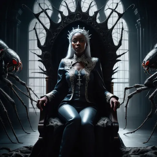 Prompt: Black woman with (white hair) wearing a (silver crown of spiders), sitting on an ornate (throne), surrounded by (giant spiders) like pets,evil wizards,  dramatic (Gothic horror) scene, (chiaroscuro lighting) casting deep shadows, evocative atmosphere, mysterious and powerful mood, highly detailed composition, (4K) ultra-quality image, rich textures and stark contrasts, immersing the viewer into a dark, mystical world.