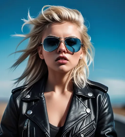 Prompt: Blonde girl, (biker style), (black leather jacket), (black biker sunglasses), rebellious attitude, rough and edgy aesthetic, icy blue background, strong contrasting colors, confident pose, wind tousled hair, high-quality, ultra-detailed, cinematic vibe, playful yet fierce atmosphere, captures the essence of freedom and adventure.