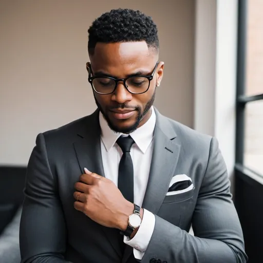 Prompt: A attractive black man with white glasses on his Instagram story wearing a suit fixing his sleeves smirking. 