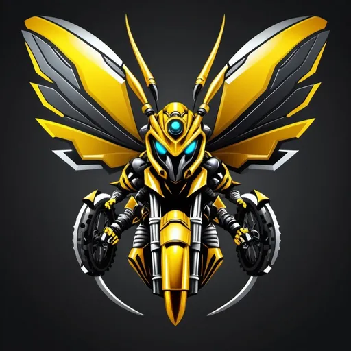 Prompt: hornet front face mascot logo riding a mountain bike, metallic and sleek design, futuristic sci-fi style, detailed mechanical wings, intense yellow and black color scheme, high res, ultra-detailed, sci-fi, futuristic, metallic sheen, detailed design, professional