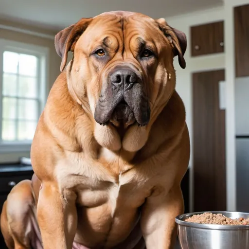 Prompt: A huge dog flexing his huge and well defined muscles. Include a dog bowl filled with meal