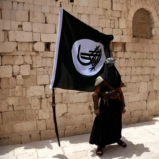 Prompt: Muslim warrior with black flag in Jerusalem.