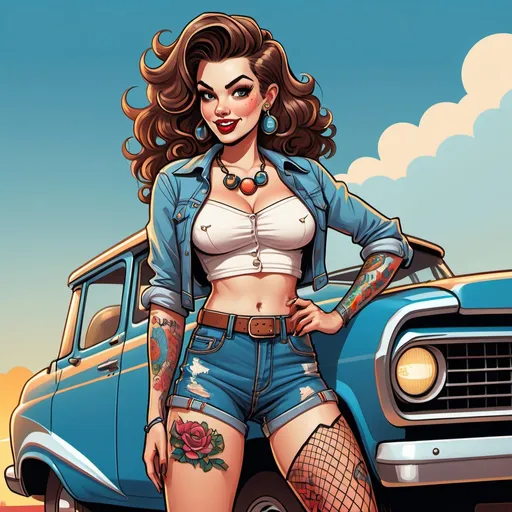 Prompt: (2D cartoon illustration) of a stylish pin-up woman, standing confidently by a rugged 2000s Speed star rig, (long dark brown curly hair), adorned with vibrant tattoos, (crop top shirt) and (cutoff blue jeans shorts), wearing alluring fishnet stockings, cheerful and upbeat ambiance, bold colors, dynamic composition, capturing a lively working girl vibe, ready for a stylish T-shirt design.