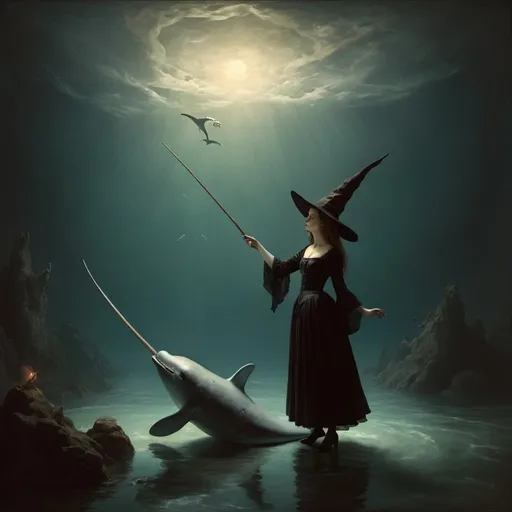 Prompt: A witch summing a narwhal in rembrandt's style 