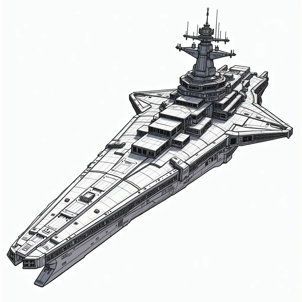 Prompt: Draw a large space battle cruiser with big rail gun main batterys, laser turbo cannons secondary and missile bays, 