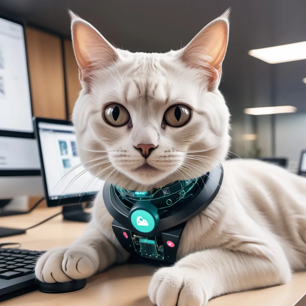 Prompt: A cat is operating Generative AI at workplace