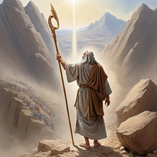 Prompt: As Prophet Moses climbed the mountain with his staff in hand, he faced many challenges along the way. When he finally reached the top, he struck his staff on the ground and addressed the people, saying, "If you have faith and fight for it, you will prevail