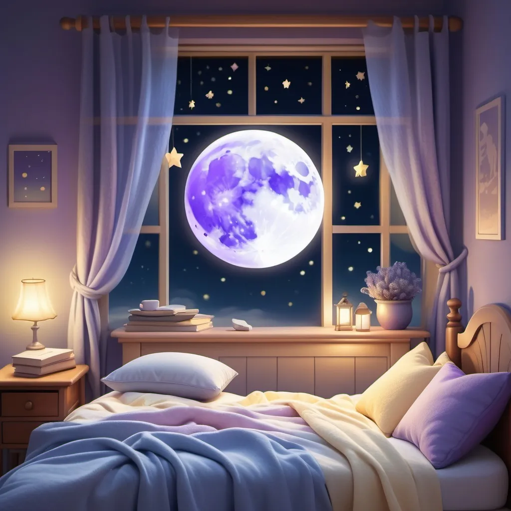 Prompt: A peaceful nighttime scene with a soft, glowing full moon hanging in the sky, casting gentle light over a cozy bed with fluffy pillows and blankets. An open storybook lies on the bed, its pages glowing softly, as sparkling stars float around it. The atmosphere is calm and magical, with pastel colors of blue, lavender, and warm yellow. In the background, a serene, starry sky creates a dreamy ambiance. Perfect for a bedtime story channel, evoking comfort, relaxation, and imagination