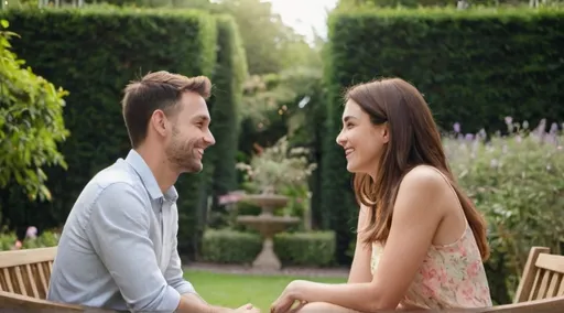 Prompt: Image With one male and one beautiful female, sitting facing each other, seperated by a ten foot distance, smiling And looking in each other's eyes And a lovely garden in the background.