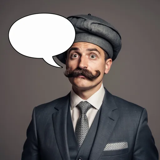 Prompt: a man with a mustache and a suit on his head with a speech bubble above his head that says, w oparach absurdu, 15 listopada 2024, 17:00-20:00, Ząbkowska 6