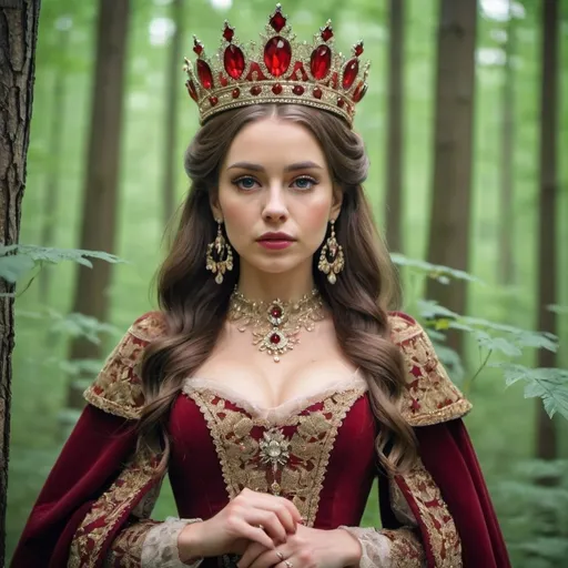 Prompt: a beautiful woman in the forest dressed in such beautiful clothes that even the queen is jealous