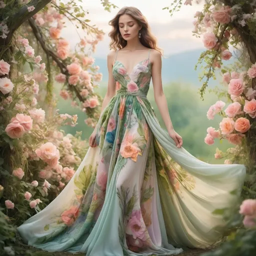 Prompt: beautiful dress inspired by nature, (floral patterns), lush greenery accents, soft flowing fabric, whimsical design, (vibrant colors), intricate details, nature elements intertwined, (merging fashion and nature), bright lighting highlights, enchanting atmosphere, ethereal elegance, (ultra-detailed), rich textures, serene background of blossoming flowers and soft pastel skies.