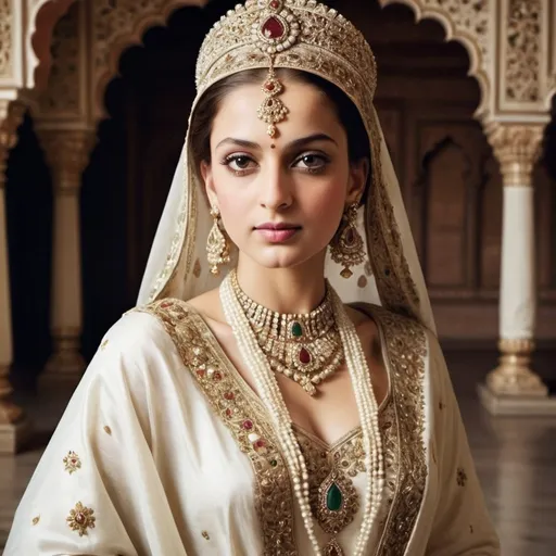 Prompt:  The Mughal sultan should be dressed in a white robe. show a queen who is rich and the most beautiful in India.  show her to wear beautiful clothes and she should be adorned with the most precious jewels. 