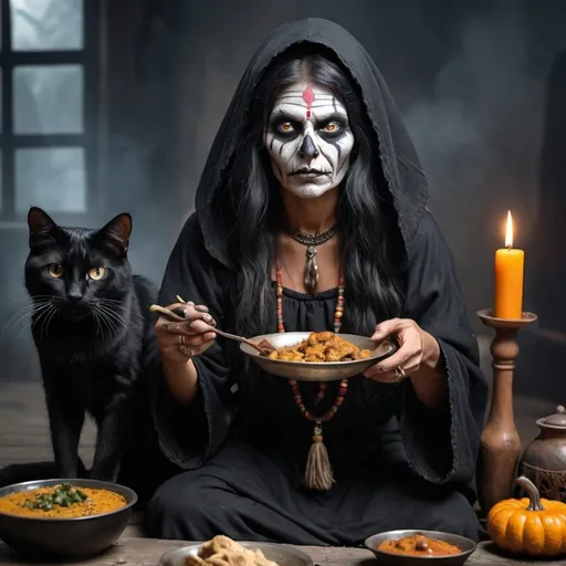 Prompt: show an old scary Indian with eats a cat alive. dress the witch in a black robe and make a scary atmosphere