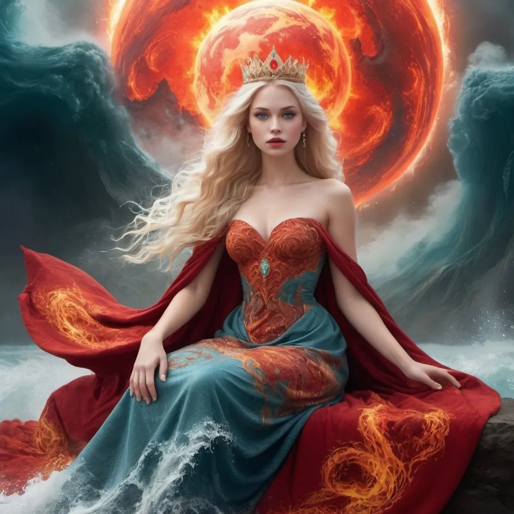 Prompt: show the princess of earth. she shall be fair and blonde. her lips as red as blood. her dress with patterns of earth and waves of water with land and fire. her background the mighty universe. she seated on her throne which is earth and magical mysterious mist in her hand