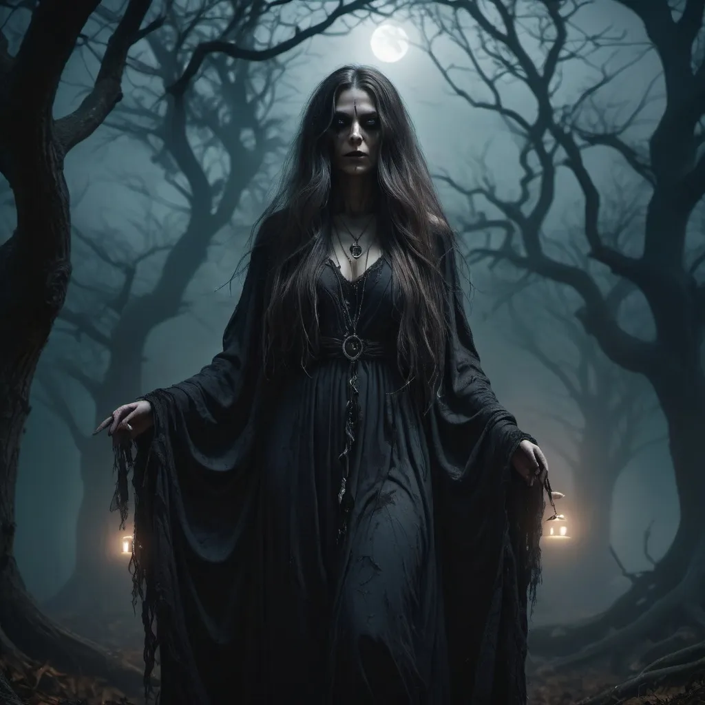 Prompt: (fantasy style) dark color scheme, eerie and ominous atmosphere, haunting presence, menacing witch figure with long flowing hair, wearing tattered robes adorned with mysterious symbols, shadowy forest backdrop with twisted trees and fog, chilling moonlight filtering through the darkness, high level of detail, ultra-detailed 4K, creepy and unsettling emotional vibe.