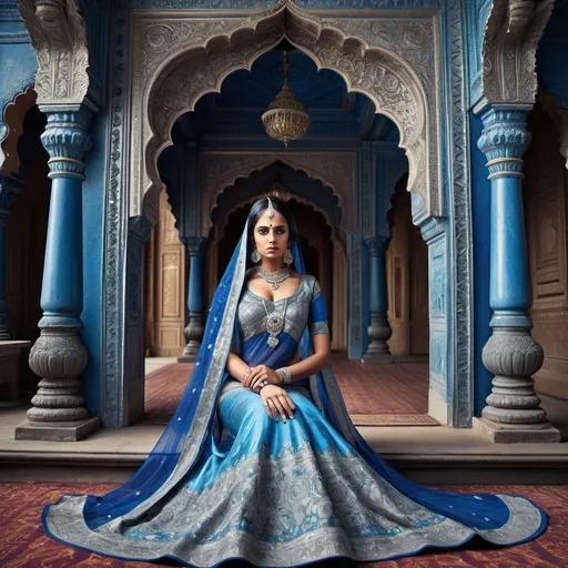 Prompt: (royal Indian palace), elegant Indian queen, dramatic posture with power and confidence, British family in shock, (luxury style), (cool color scheme), vibrant blue and silver tones, ornate architecture, intricate patterns, (highly detailed), opulent background elements, (rich textures), an atmosphere of tension and strength, captivating composition, (ultra-detailed), visually striking tableau.