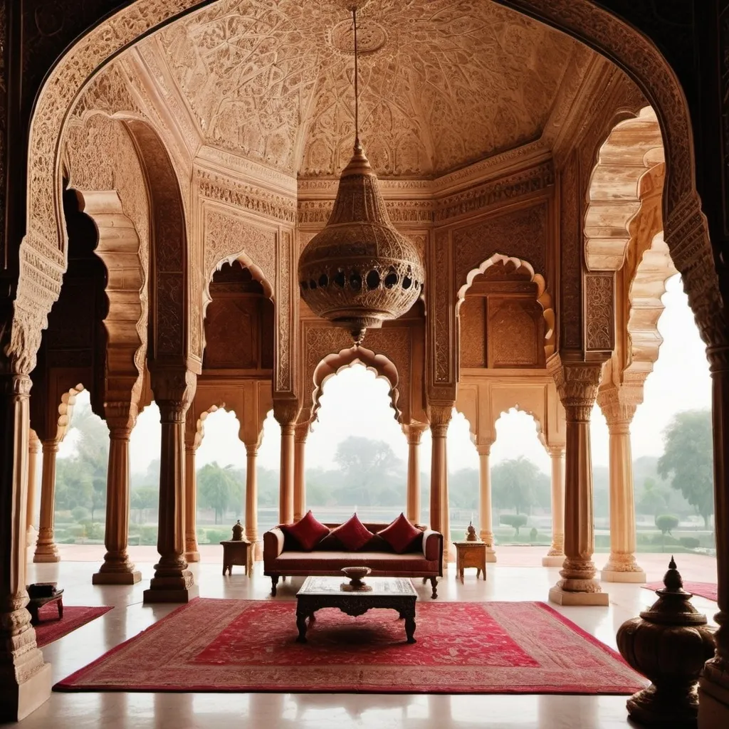 Prompt: an Indian palace. it should be rich. show a beautiful garden and use great architecture. show it from outside. The Mughal sultan should be dressed in a white robe and his turban should have jewels he should be holding a sword. show a queen who is rich and the most beautiful in India.  show her to wear beautiful clothes and she should be adorned with the most precious jewels. 