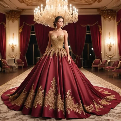 Prompt: (elegant ball gown), set in a lavish royal ball, (opulent decor), rich colors like gold and deep red, (dramatic lighting) casting soft shadows, ambient atmosphere with graceful attendees, (luxury fabrics) flowing beautifully, intricate details like lace and sequins, (classical elegance), showcasing regal beauty in a grand setting, (ultra-detailed), (HD).