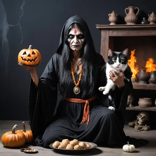 Prompt: show an old scary Indian with eats a cat alive. dress the witch in a black robe and make a scary atmosphere