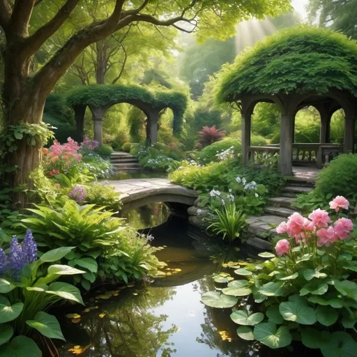 Prompt: (hidden secret garden), lush greenery, magical atmosphere, vibrant colors, beams of sunlight filtering through leaves, delicate flowers in bloom, inviting pathways, serene ambiance, enchanting landscape, whispers of nature, (highly detailed), tranquil escape, serene pond with reflections, hidden treasures, surrounded by mystique, soft shadows across the ground, (ultra-detailed).