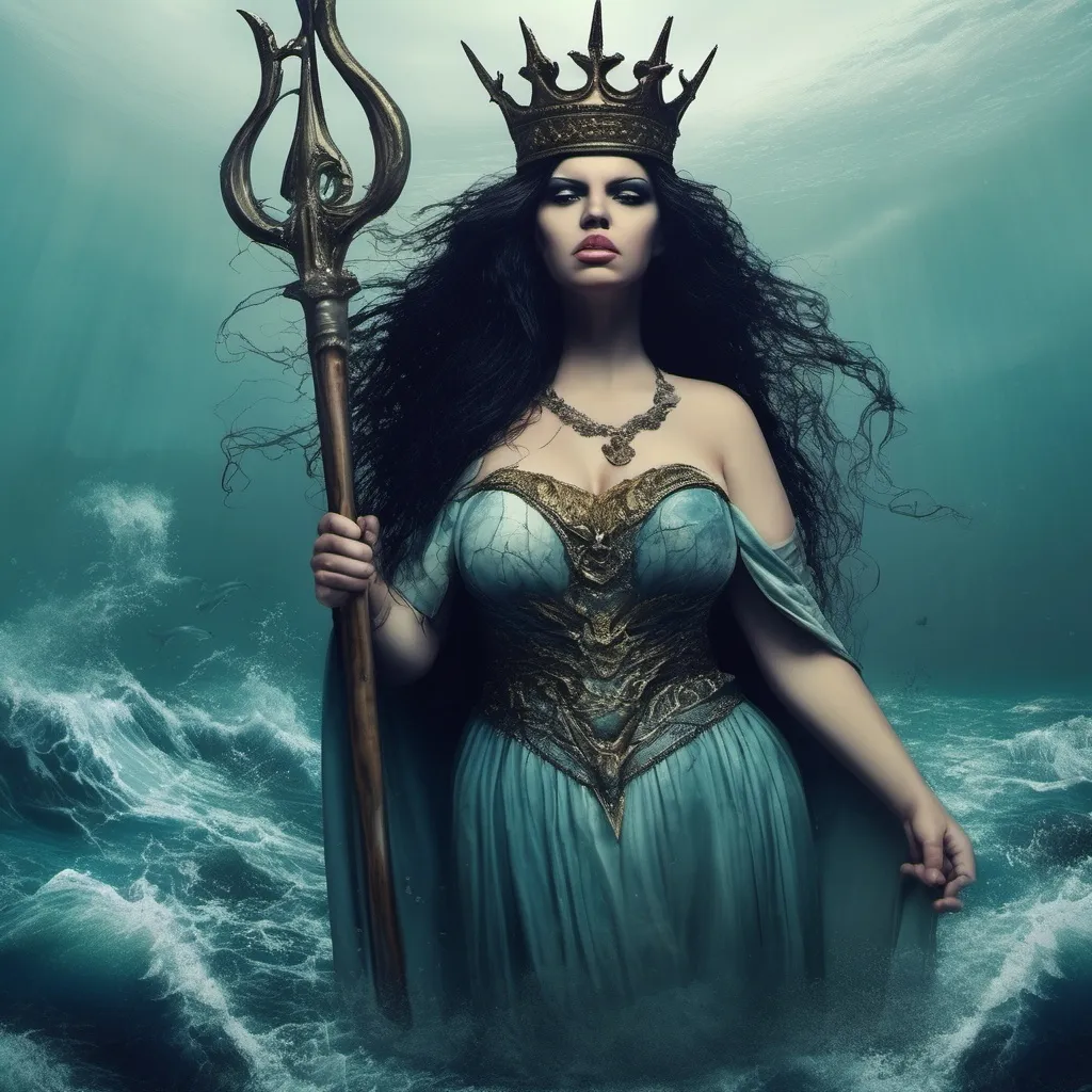 Prompt: show me the devil of the oceans who is a queen so ugly her dress of rags and she is fat and she has stolen the trident of Poseidon